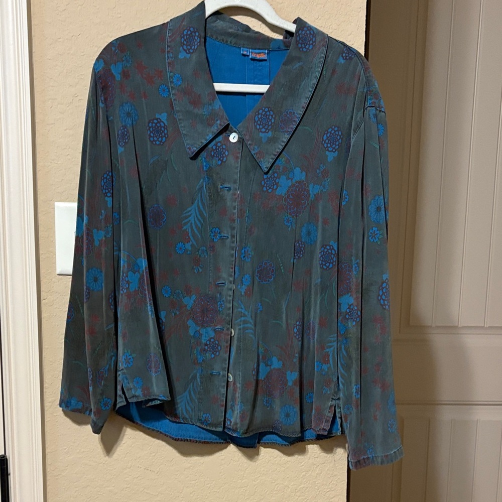 Tianello Teal and Charcoal Floral Button Down Jacket
